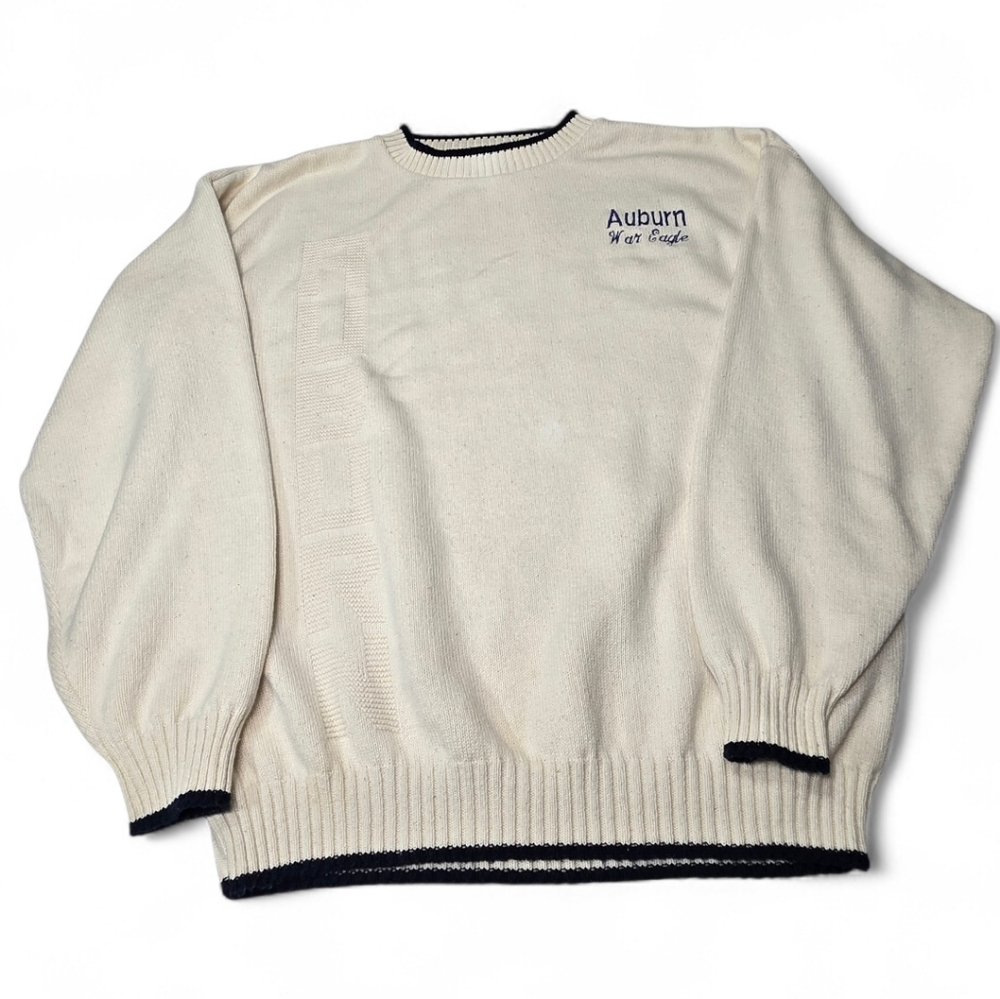 Vintage LEE Auburn War Eagle Cream Crewneck Sweater with Embroidered Logo Sz XL